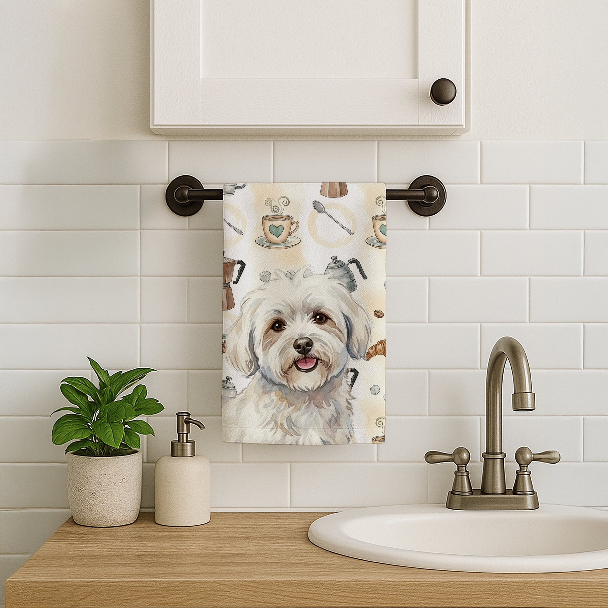Coton de Tulear Coffee Bar Kitchen Towel Velour Plush Front and Cotton Loop Back Machine Washable