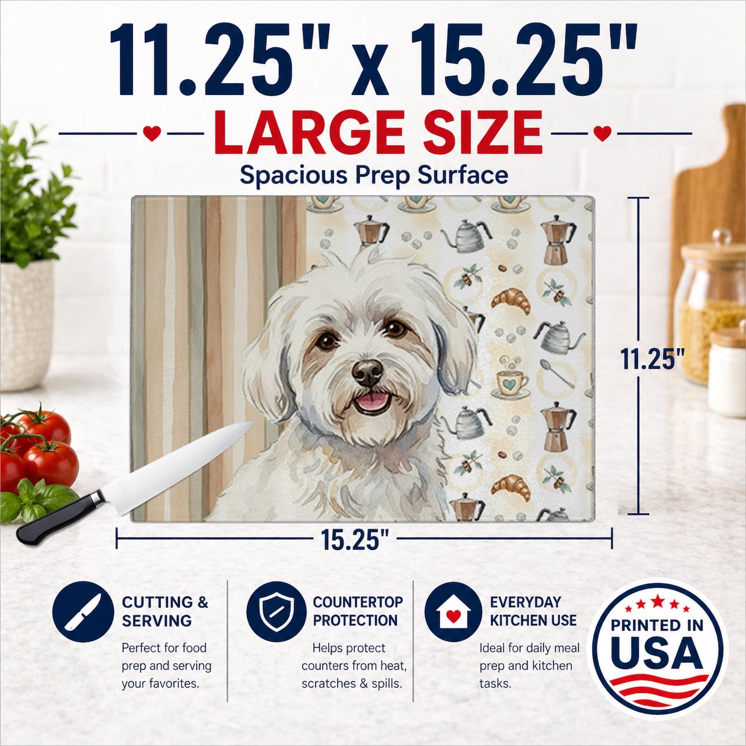 Coton de Tulear Coffee Bar Cutting Board Tempered Glass Kitchen Cutting Surface, Heat Resistant Chopping, Non-Slip Feet, Food Prep & Serving