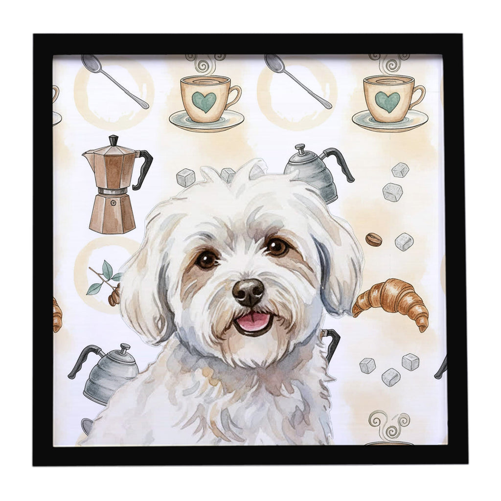 Coton de Tulear Coffee Bar Framed Metal Print Bathroom, Kitchen, Office, Home Decor Wall Art Ready to Hang, Square, 8X8