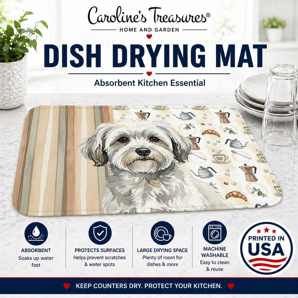 White with Gray Coton de Tulear Coffee Bar Dish Drying Mat Absorbent Dish Drying Mat Pad for Kitchen Counter Dish Drainer Mat for Countertop, 14 x 21", Multicolor