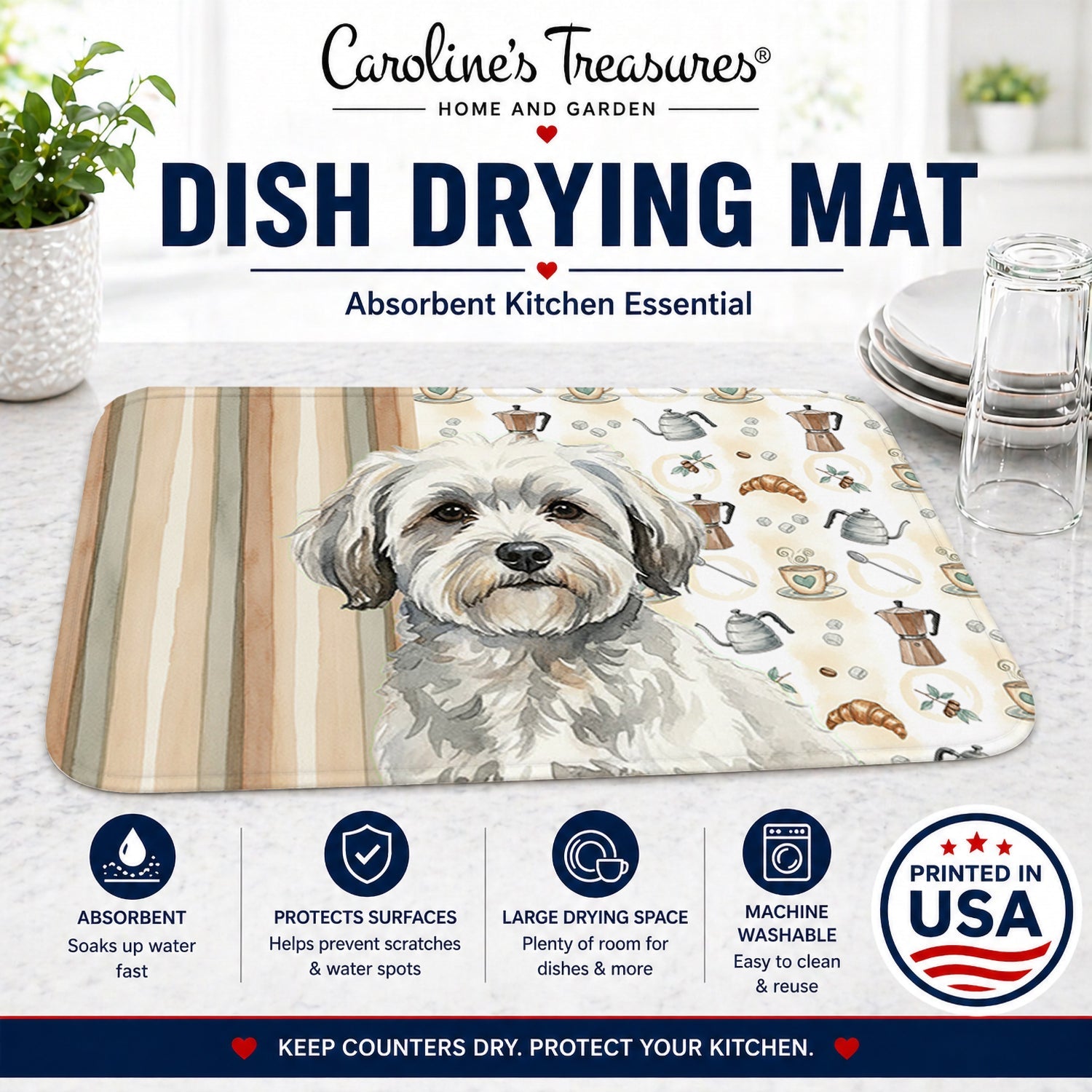 White with Gray Coton de Tulear Coffee Bar Dish Drying Mat Absorbent Dish Drying Mat Pad for Kitchen Counter Dish Drainer Mat for Countertop, 14 x 21", Multicolor