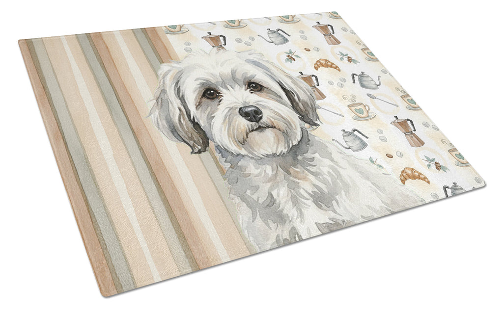 White with Gray Coton de Tulear Coffee Bar Cutting Board Tempered Glass Kitchen Cutting Surface, Heat Resistant Chopping, Non-Slip Feet, Food Prep & Serving