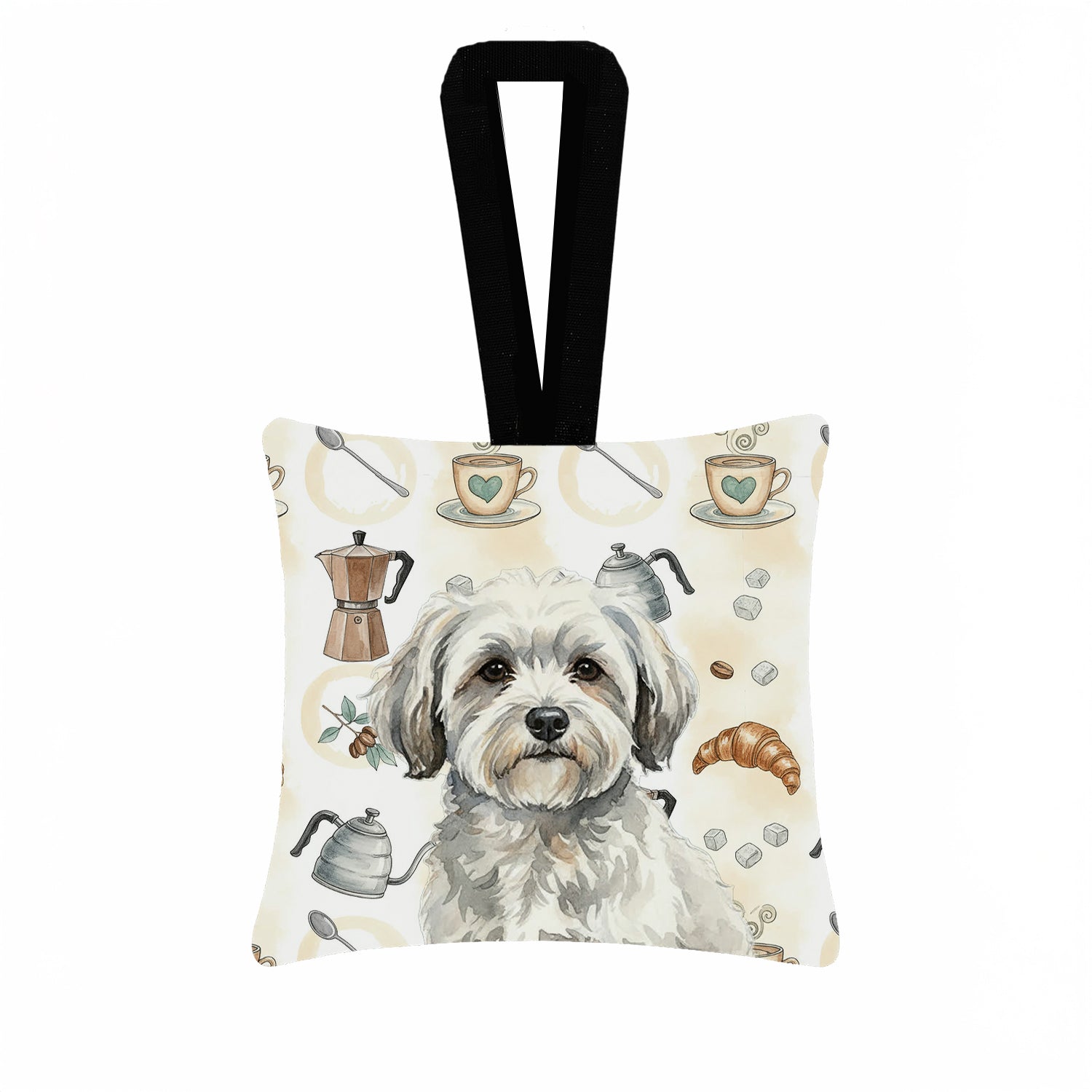 White with Gray Coton de Tulear Coffee Bar Hanging Square Fabric Ornament 3.5 � 3.5 Decorative Door-Knob & Tree Hanger, Soft Fabric