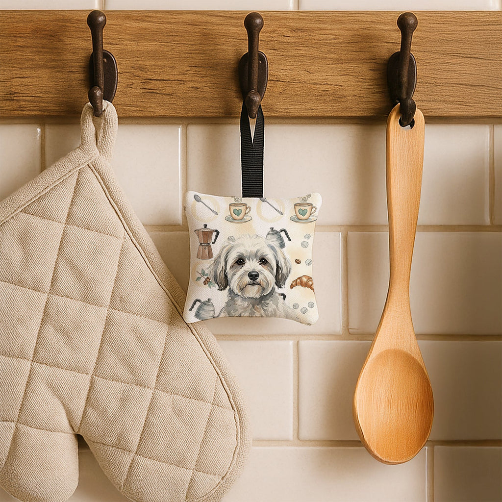 White with Gray Coton de Tulear Coffee Bar Hanging Square Fabric Ornament 3.5 � 3.5 Decorative Door-Knob & Tree Hanger, Soft Fabric