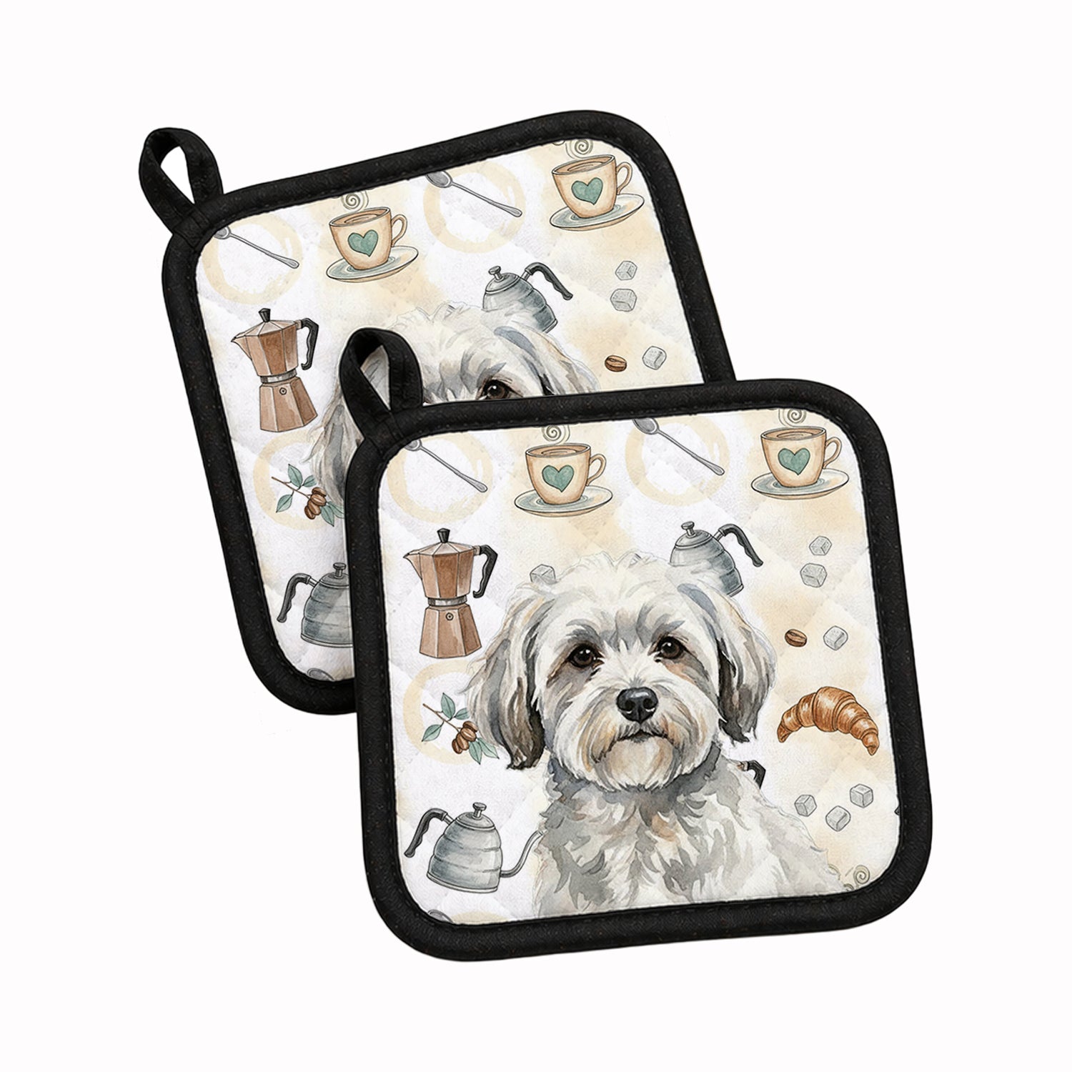 White with Gray Coton de Tulear Coffee Bar Pot Holder Set of 2 Heat Resistant Quilted Hot Pads 7.5 x 7.5 Inch, Insulated Kitchen Trivets for Cooking & Baking