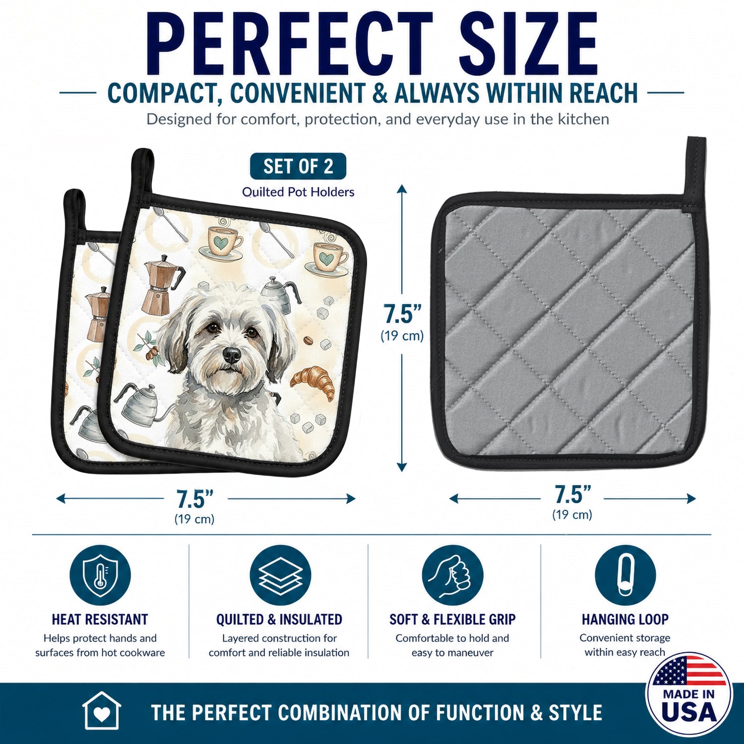 White with Gray Coton de Tulear Coffee Bar Pot Holder Set of 2 Heat Resistant Quilted Hot Pads 7.5 x 7.5 Inch, Insulated Kitchen Trivets for Cooking & Baking