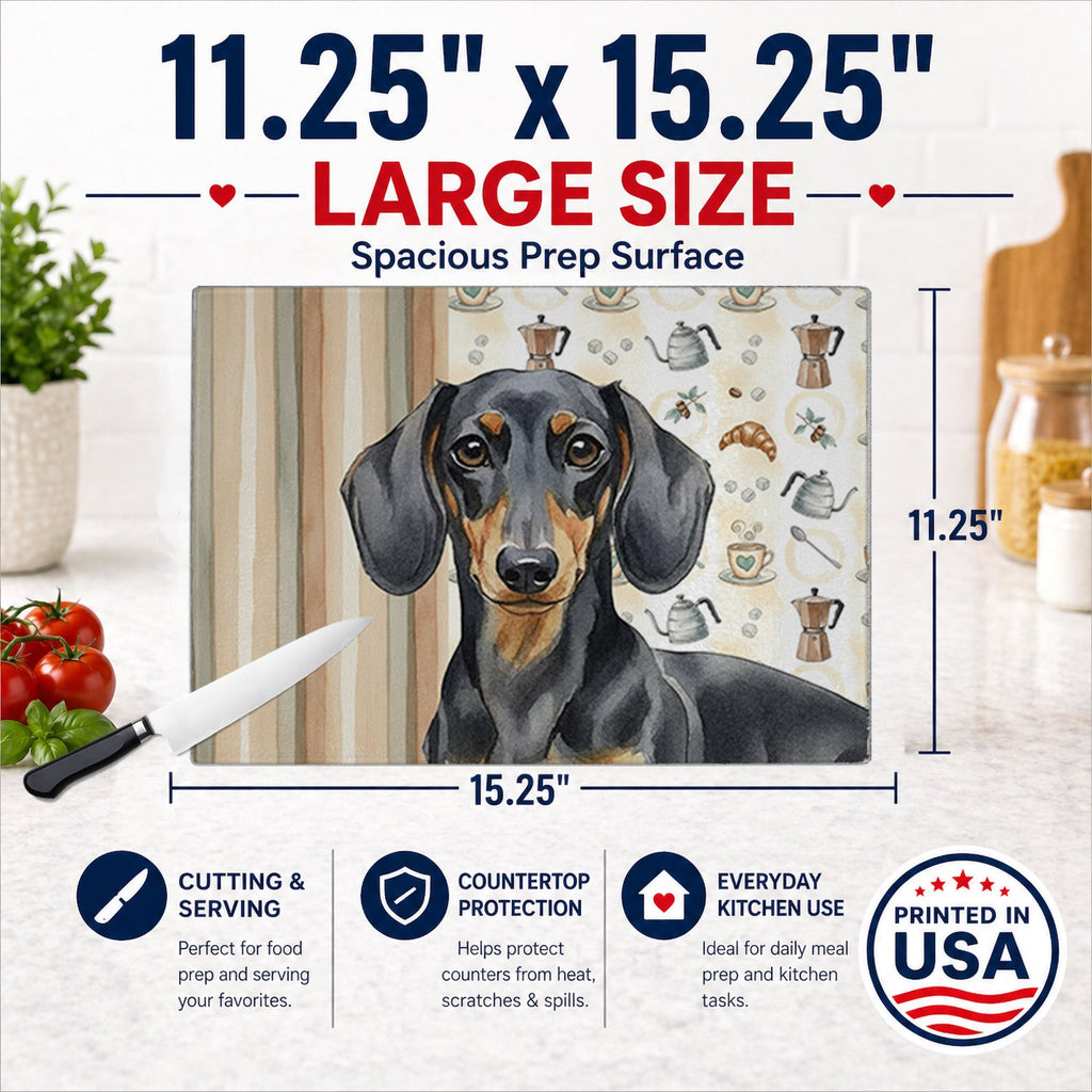 Black and Tan Dachshund Coffee Bar Cutting Board Tempered Glass Kitchen Cutting Surface, Heat Resistant Chopping, Non-Slip Feet, Food Prep & Serving