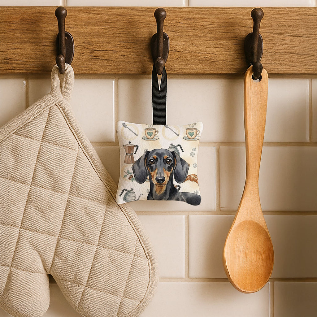 Black and Tan Dachshund Coffee Bar Hanging Square Fabric Ornament 3.5 � 3.5 Decorative Door-Knob & Tree Hanger, Soft Fabric