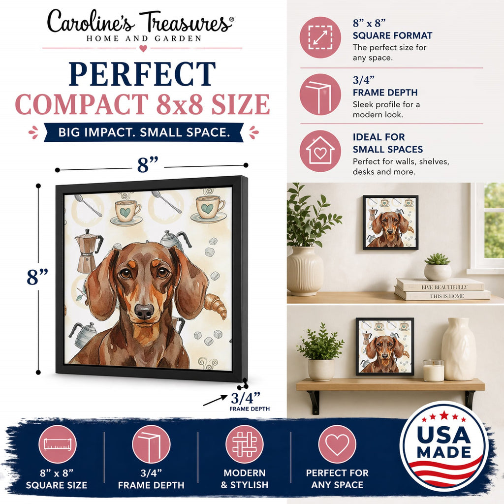 Chocolate and Tan Dachshund Coffee Bar Framed Metal Print Bathroom, Kitchen, Office, Home Decor Wall Art Ready to Hang, Square, 8X8