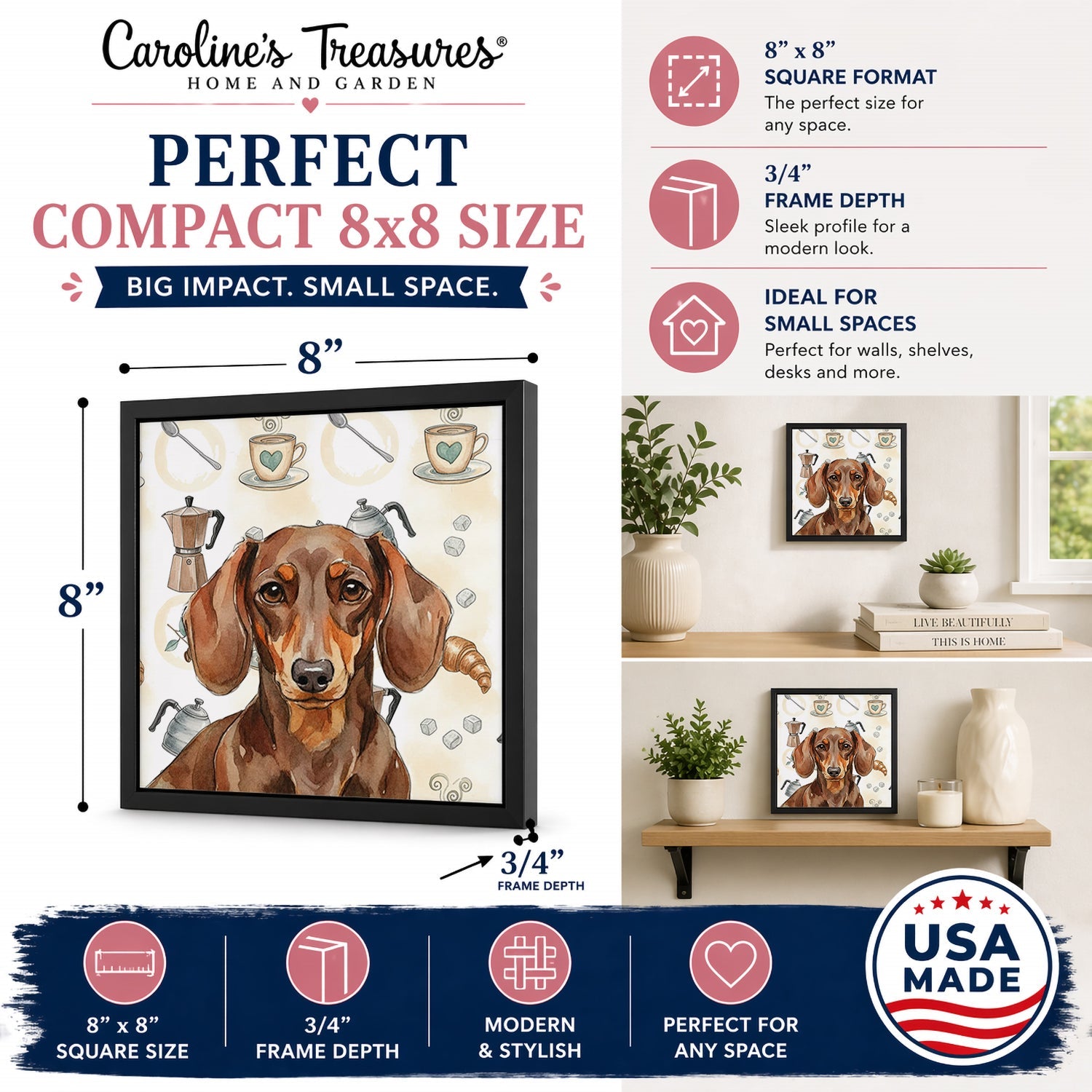 Chocolate and Tan Dachshund Coffee Bar Framed Metal Print Bathroom, Kitchen, Office, Home Decor Wall Art Ready to Hang, Square, 8X8