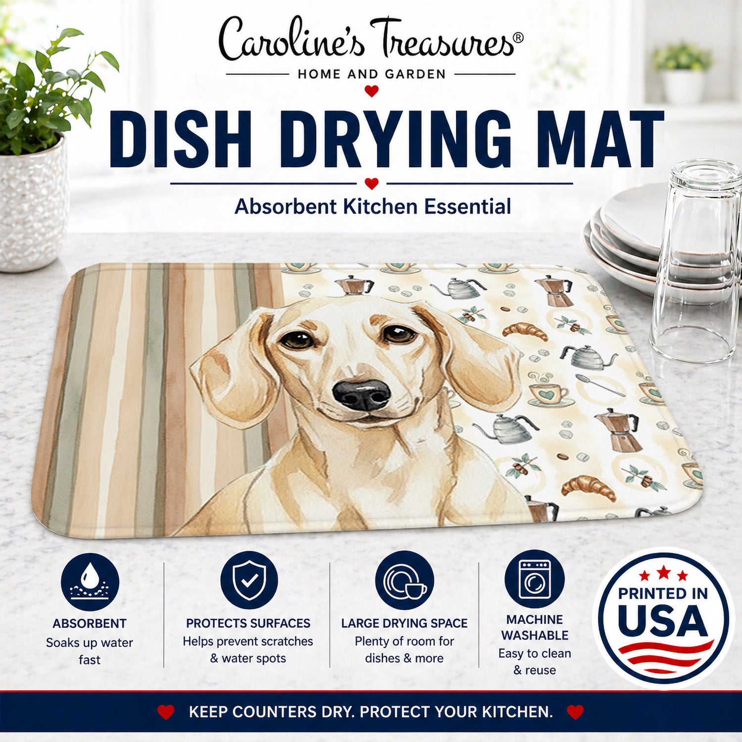 Cream Dachshund Coffee Bar Dish Drying Mat Absorbent Dish Drying Mat Pad for Kitchen Counter Dish Drainer Mat for Countertop, 14 x 21", Multicolor