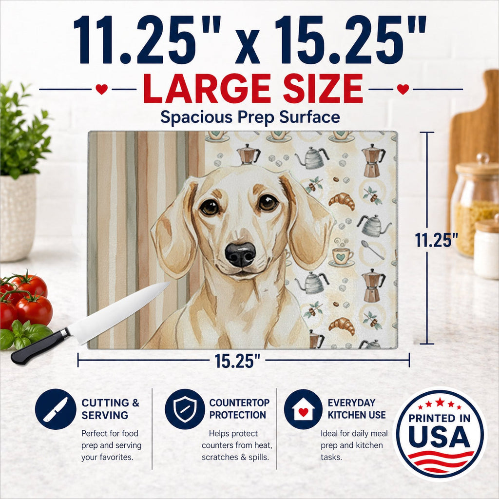 Cream Dachshund Coffee Bar Cutting Board Tempered Glass Kitchen Cutting Surface, Heat Resistant Chopping, Non-Slip Feet, Food Prep & Serving