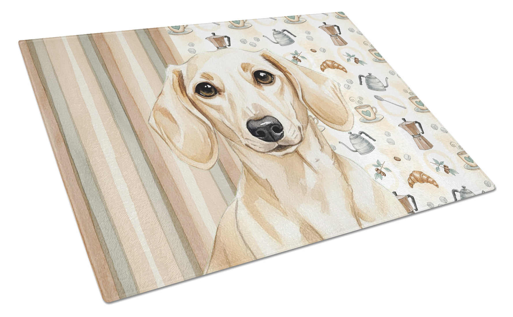 Cream Dachshund Coffee Bar Cutting Board Tempered Glass Kitchen Cutting Surface, Heat Resistant Chopping, Non-Slip Feet, Food Prep & Serving