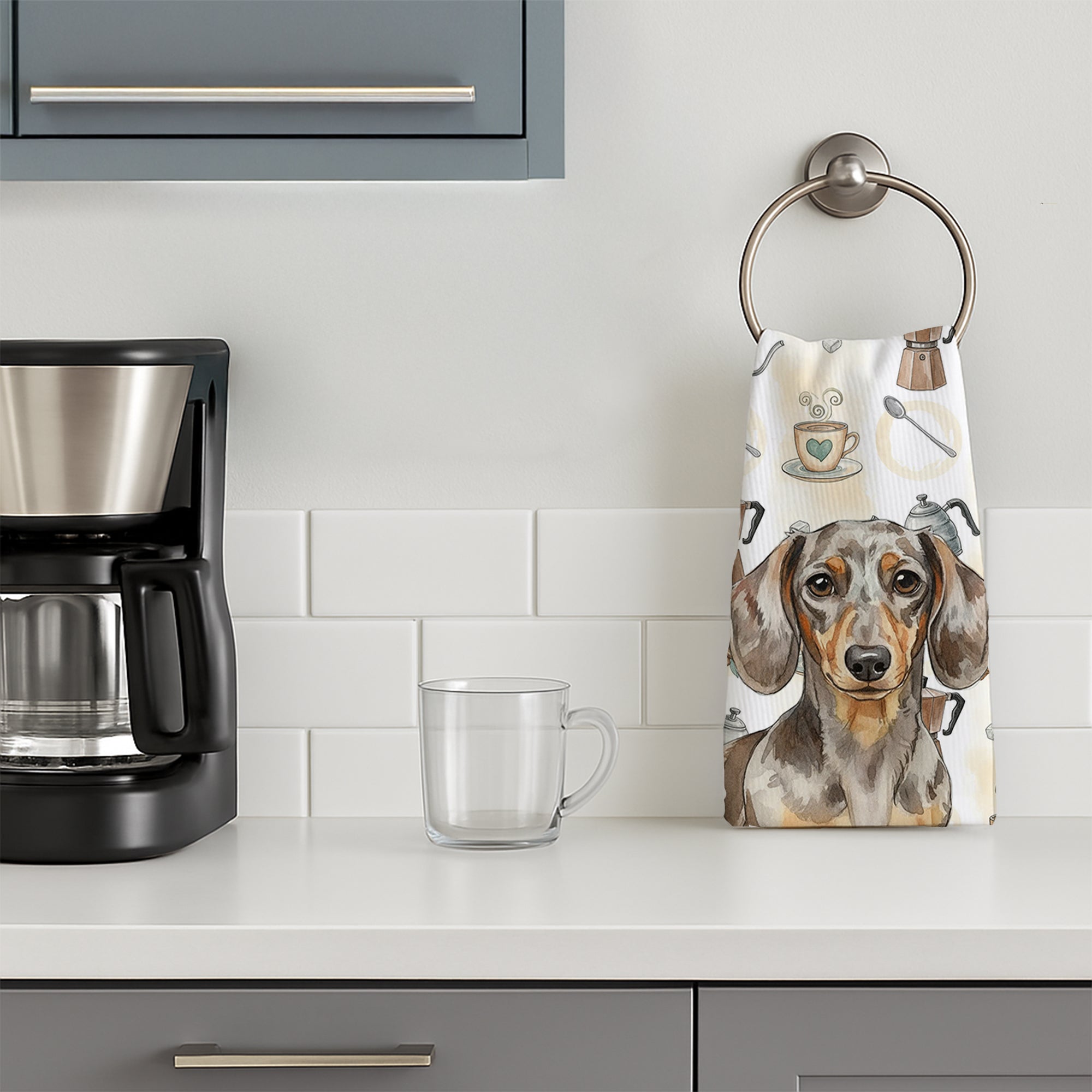Dapple Dachshund Coffee Bar Kitchen Towel Velour Plush Front and Cotton Loop Back Machine Washable