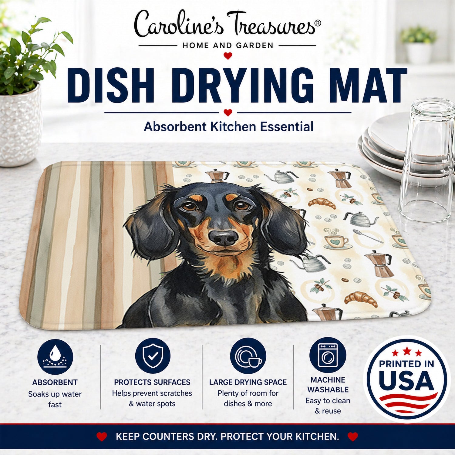 Longhaired Black and Tan Dachshund Coffee Bar Dish Drying Mat Absorbent Dish Drying Mat Pad for Kitchen Counter Dish Drainer Mat for Countertop, 14 x 21", Multicolor