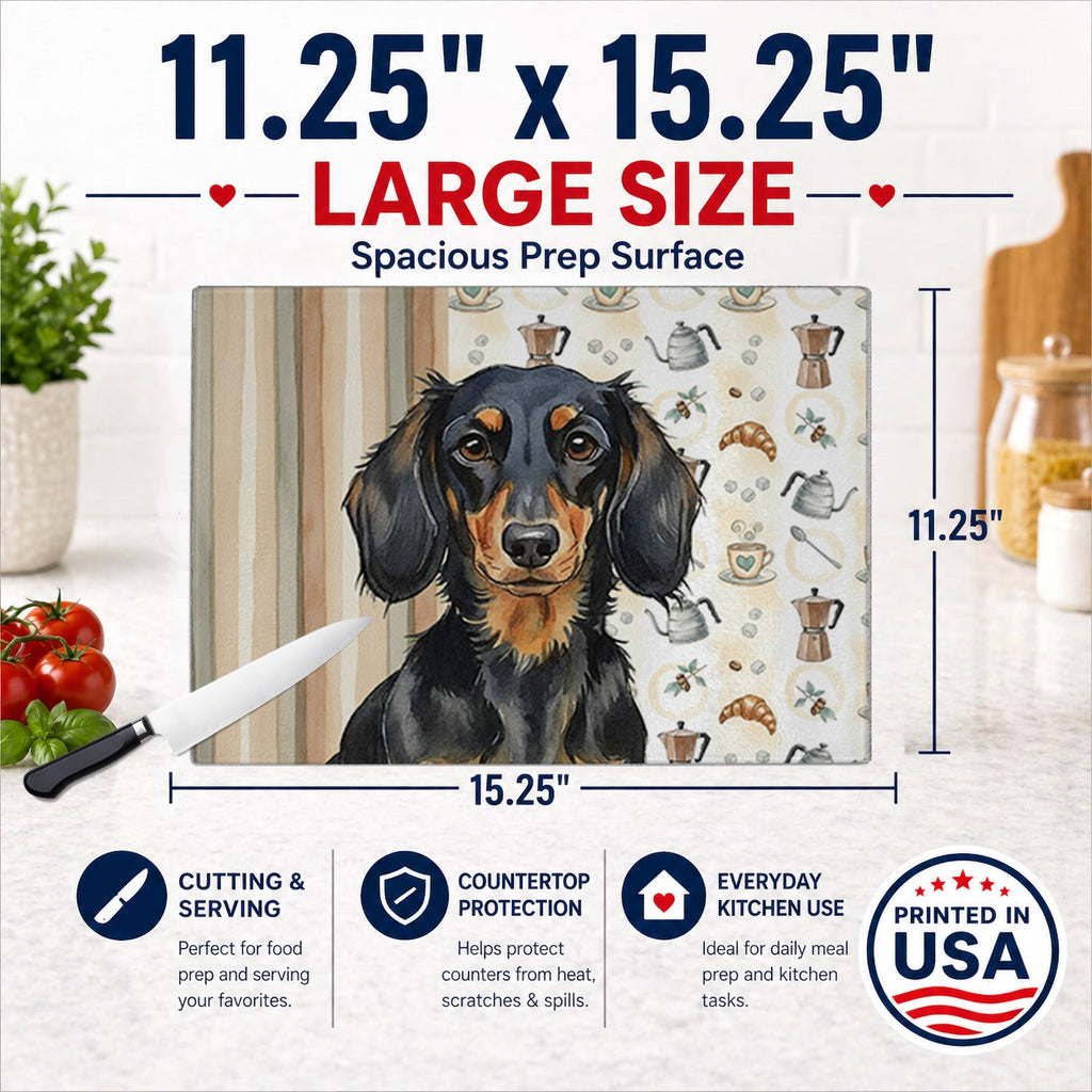 Longhaired Black and Tan Dachshund Coffee Bar Cutting Board Tempered Glass Kitchen Cutting Surface, Heat Resistant Chopping, Non-Slip Feet, Food Prep & Serving