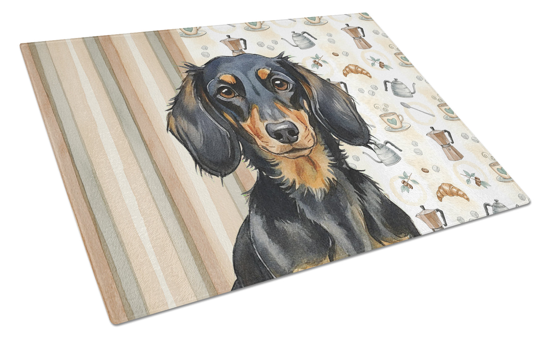 Longhaired Black and Tan Dachshund Coffee Bar Cutting Board Tempered Glass Kitchen Cutting Surface, Heat Resistant Chopping, Non-Slip Feet, Food Prep & Serving