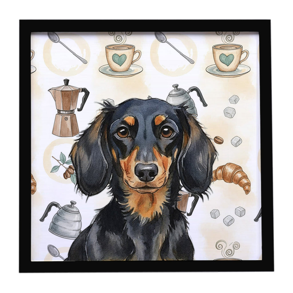 Longhaired Black and Tan Dachshund Coffee Bar Framed Metal Print Bathroom, Kitchen, Office, Home Decor Wall Art Ready to Hang, Square, 8X8