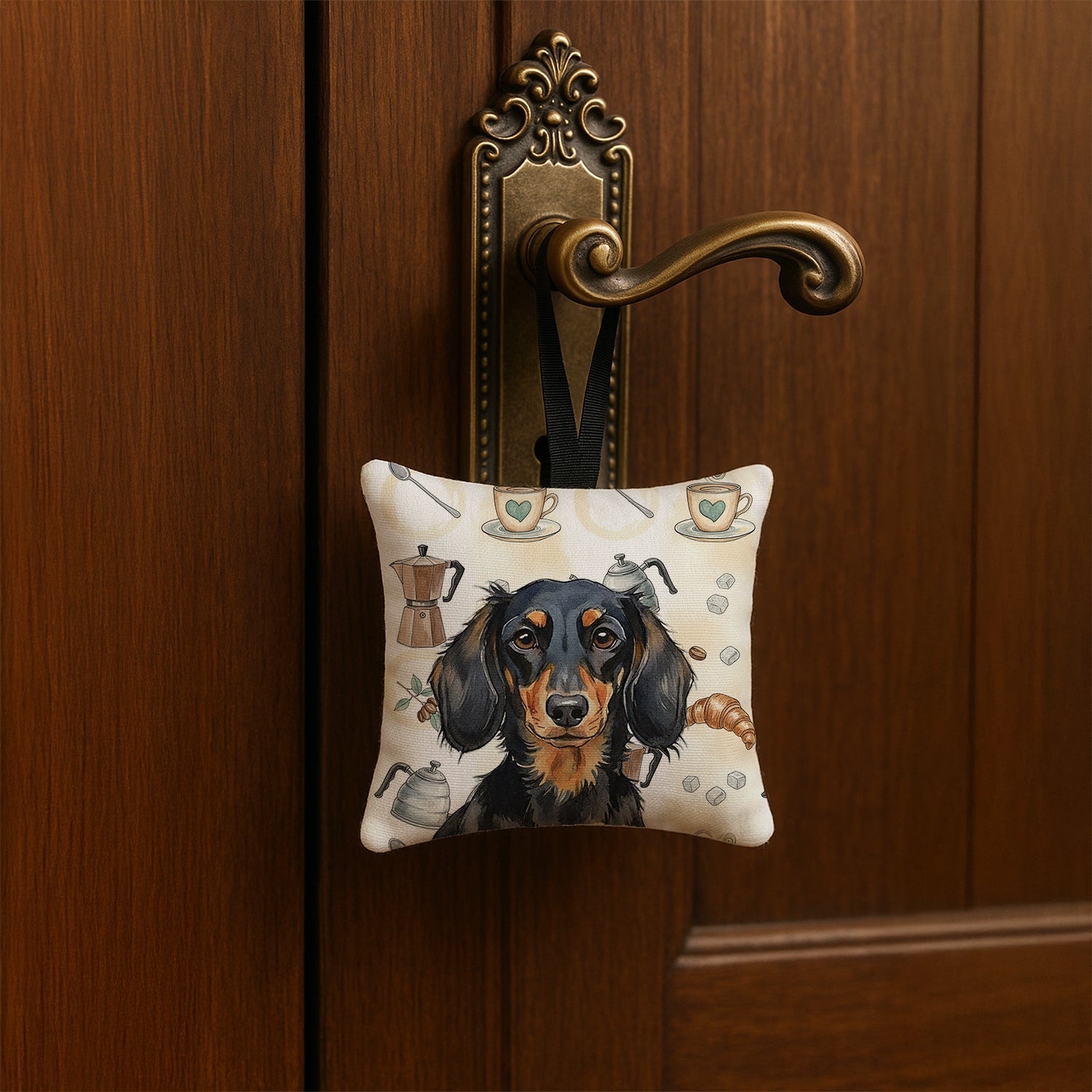 Longhaired Black and Tan Dachshund Coffee Bar Hanging Square Fabric Ornament 3.5 � 3.5 Decorative Door-Knob & Tree Hanger, Soft Fabric