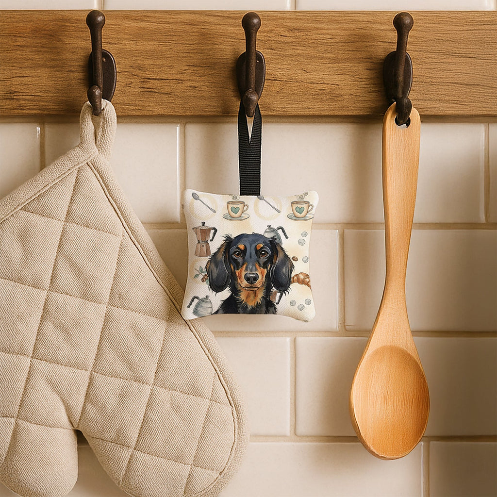 Longhaired Black and Tan Dachshund Coffee Bar Hanging Square Fabric Ornament 3.5 � 3.5 Decorative Door-Knob & Tree Hanger, Soft Fabric