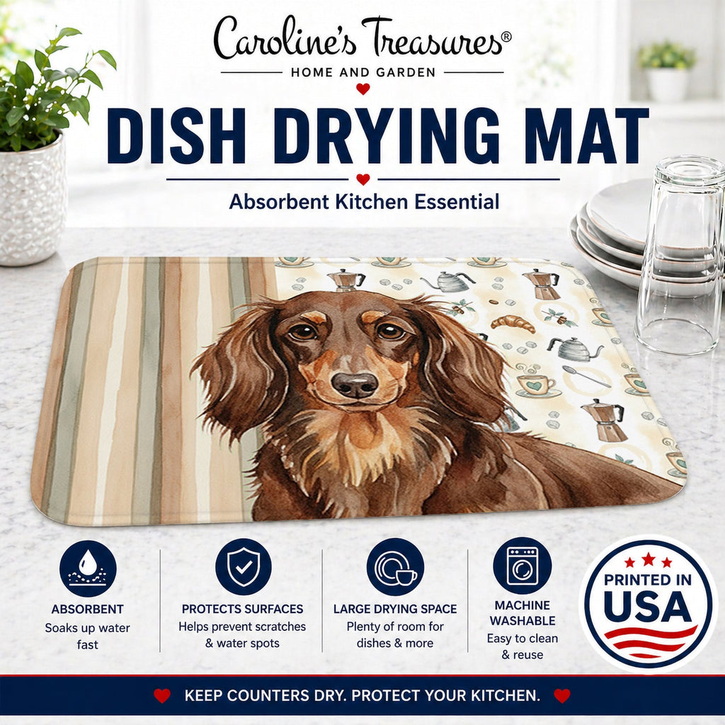 Longhaired Chocolate and Tan Dachshund Coffee Bar Dish Drying Mat Absorbent Dish Drying Mat Pad for Kitchen Counter Dish Drainer Mat for Countertop, 14 x 21", Multicolor