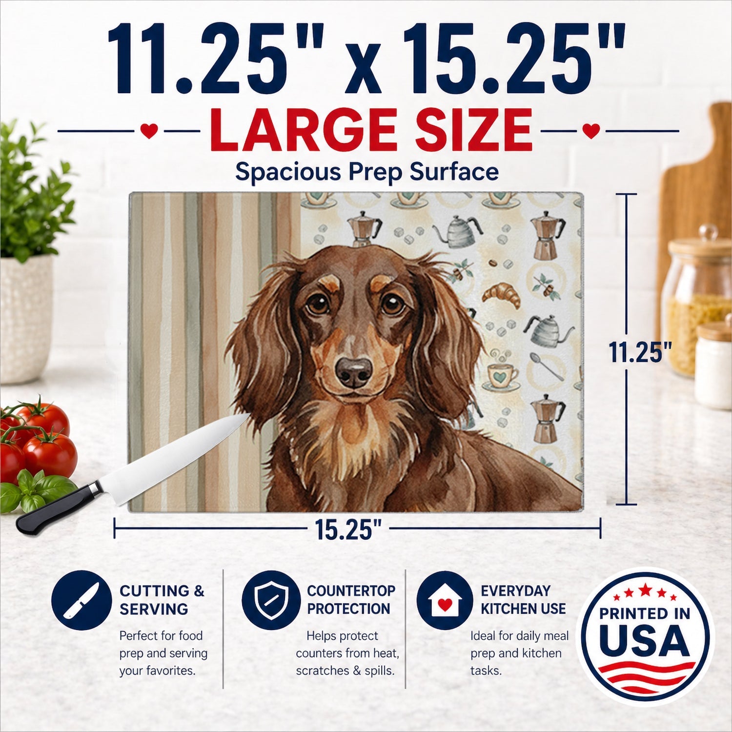 Longhaired Chocolate and Tan Dachshund Coffee Bar Cutting Board Tempered Glass Kitchen Cutting Surface, Heat Resistant Chopping, Non-Slip Feet, Food Prep & Serving