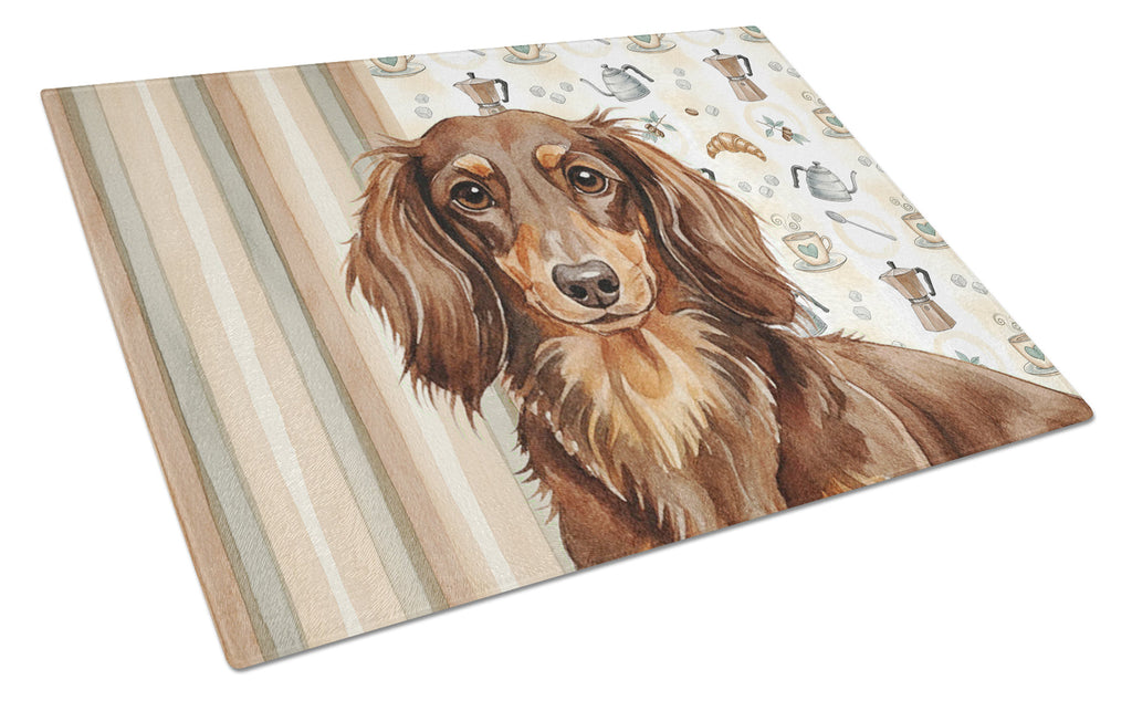Longhaired Chocolate and Tan Dachshund Coffee Bar Cutting Board Tempered Glass Kitchen Cutting Surface, Heat Resistant Chopping, Non-Slip Feet, Food Prep & Serving