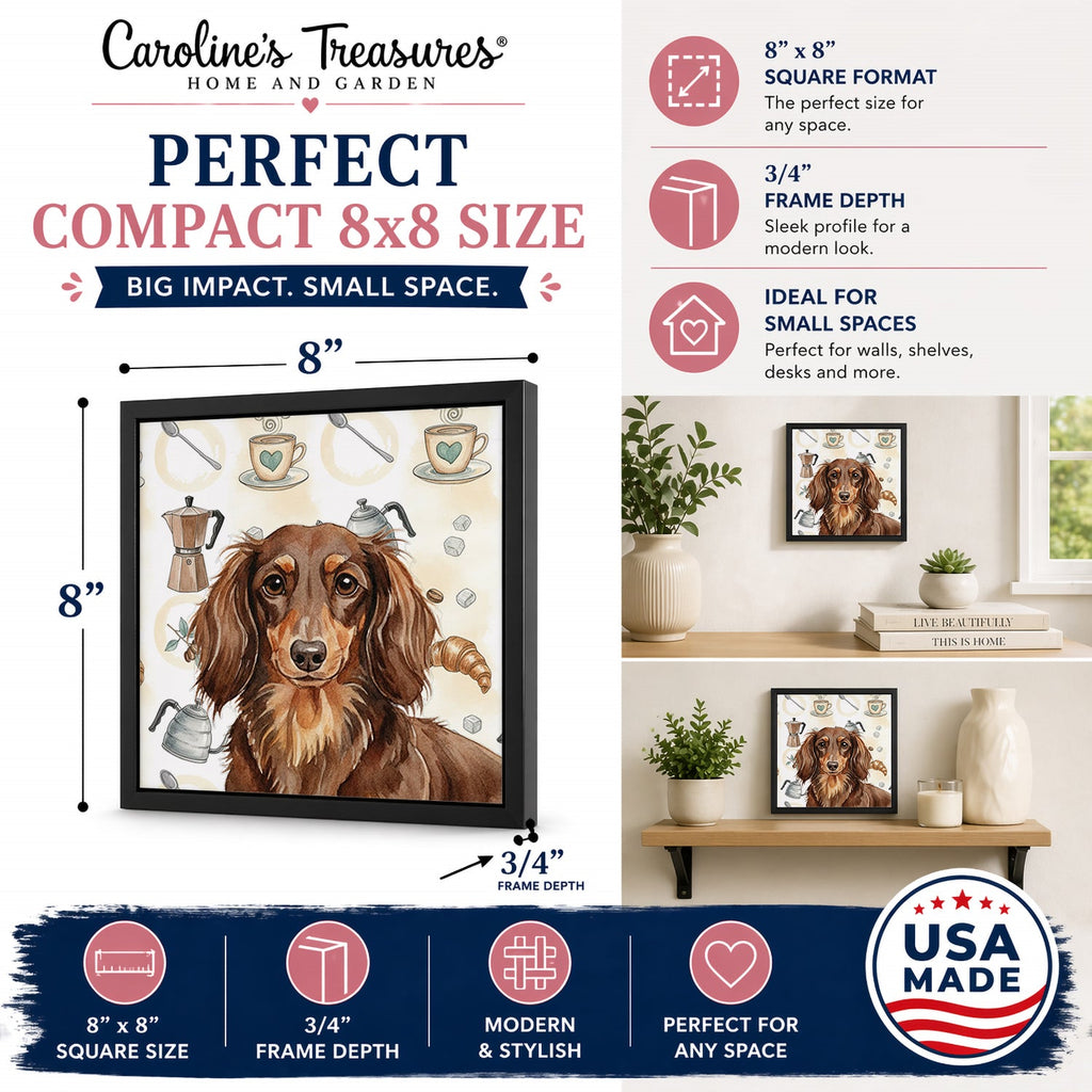 Longhaired Chocolate and Tan Dachshund Coffee Bar Framed Metal Print Bathroom, Kitchen, Office, Home Decor Wall Art Ready to Hang, Square, 8X8