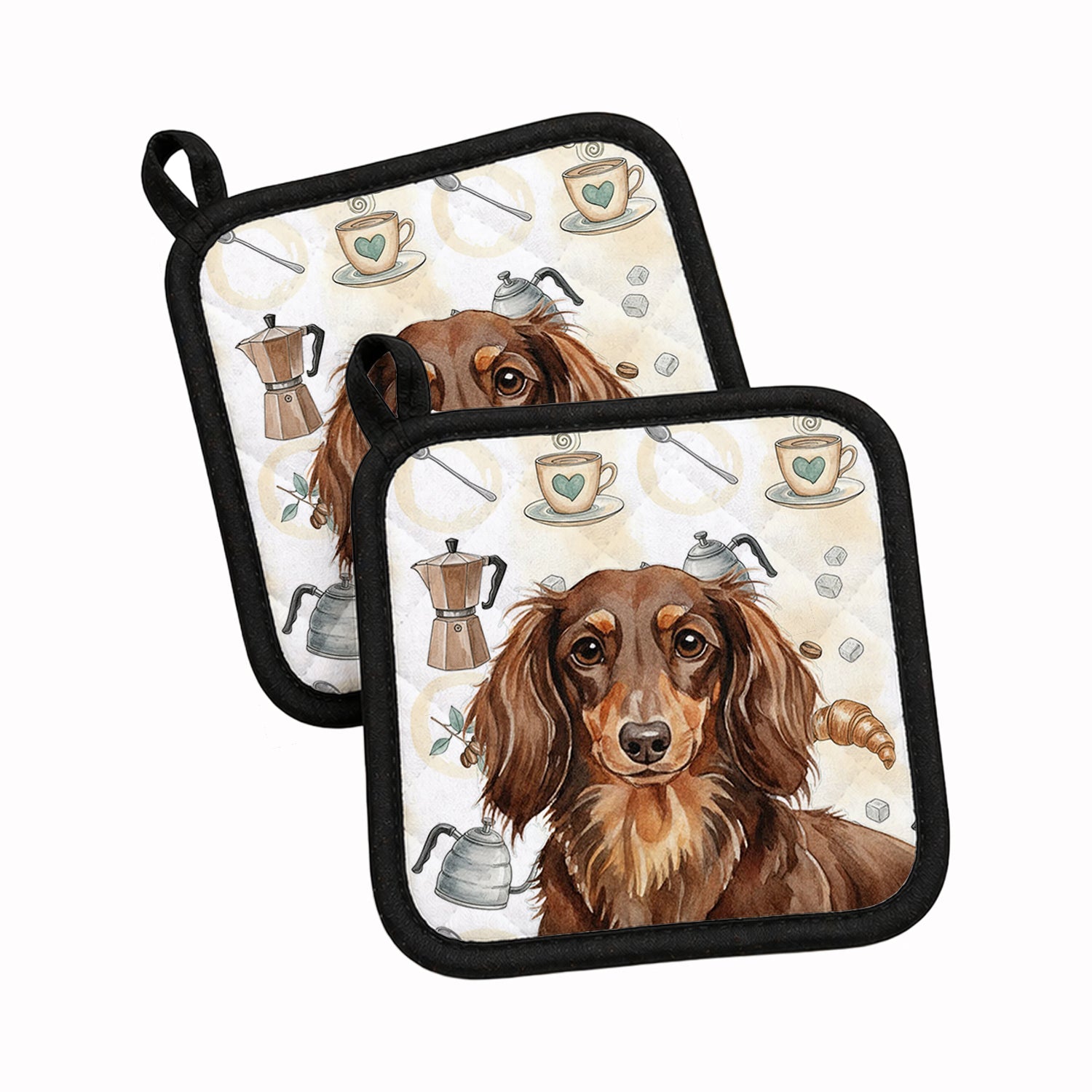 Longhaired Chocolate and Tan Dachshund Coffee Bar Pot Holder Set of 2 Heat Resistant Quilted Hot Pads 7.5 x 7.5 Inch, Insulated Kitchen Trivets for Cooking & Baking