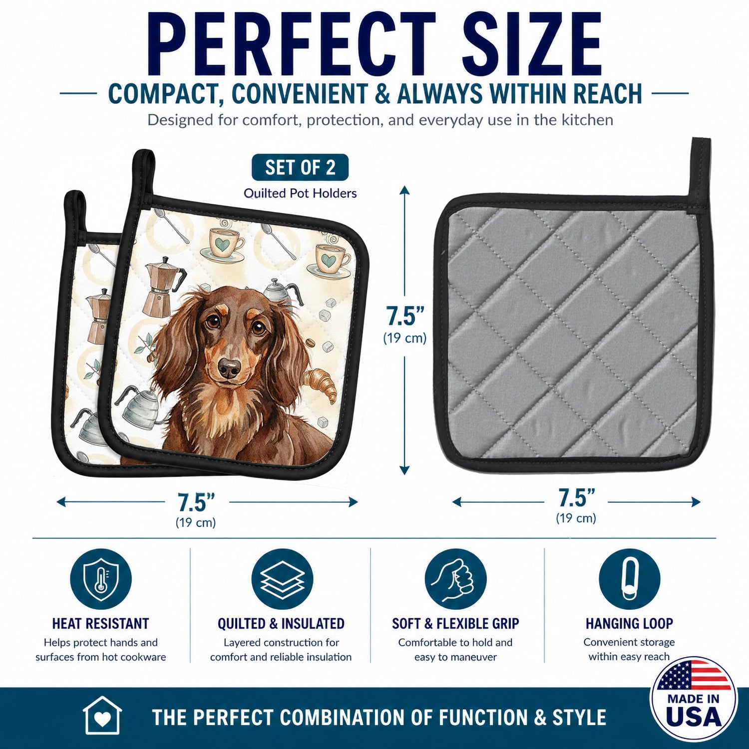 Longhaired Chocolate and Tan Dachshund Coffee Bar Pot Holder Set of 2 Heat Resistant Quilted Hot Pads 7.5 x 7.5 Inch, Insulated Kitchen Trivets for Cooking & Baking