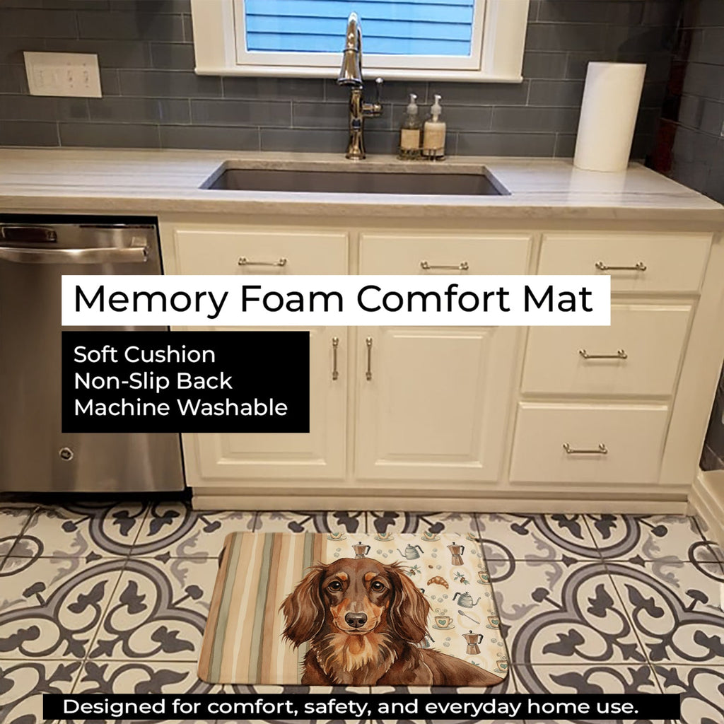 Longhaired Chocolate and Tan Dachshund Coffee Bar Memory Foam Kitchen Mat Machine Washable Anti-Fatigue Cushion Comfort Bath or Kitchen Rug