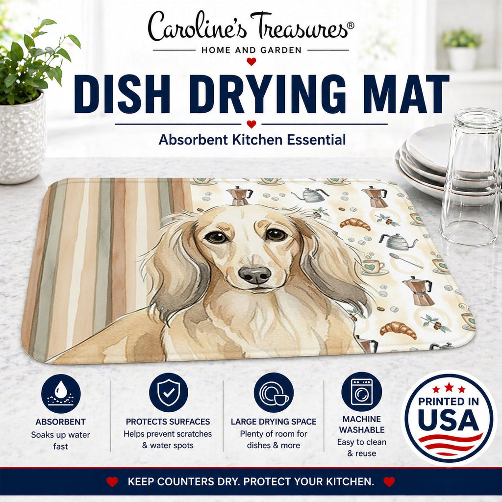Longhaired Cream Dachshund Coffee Bar Dish Drying Mat Absorbent Dish Drying Mat Pad for Kitchen Counter Dish Drainer Mat for Countertop, 14 x 21", Multicolor