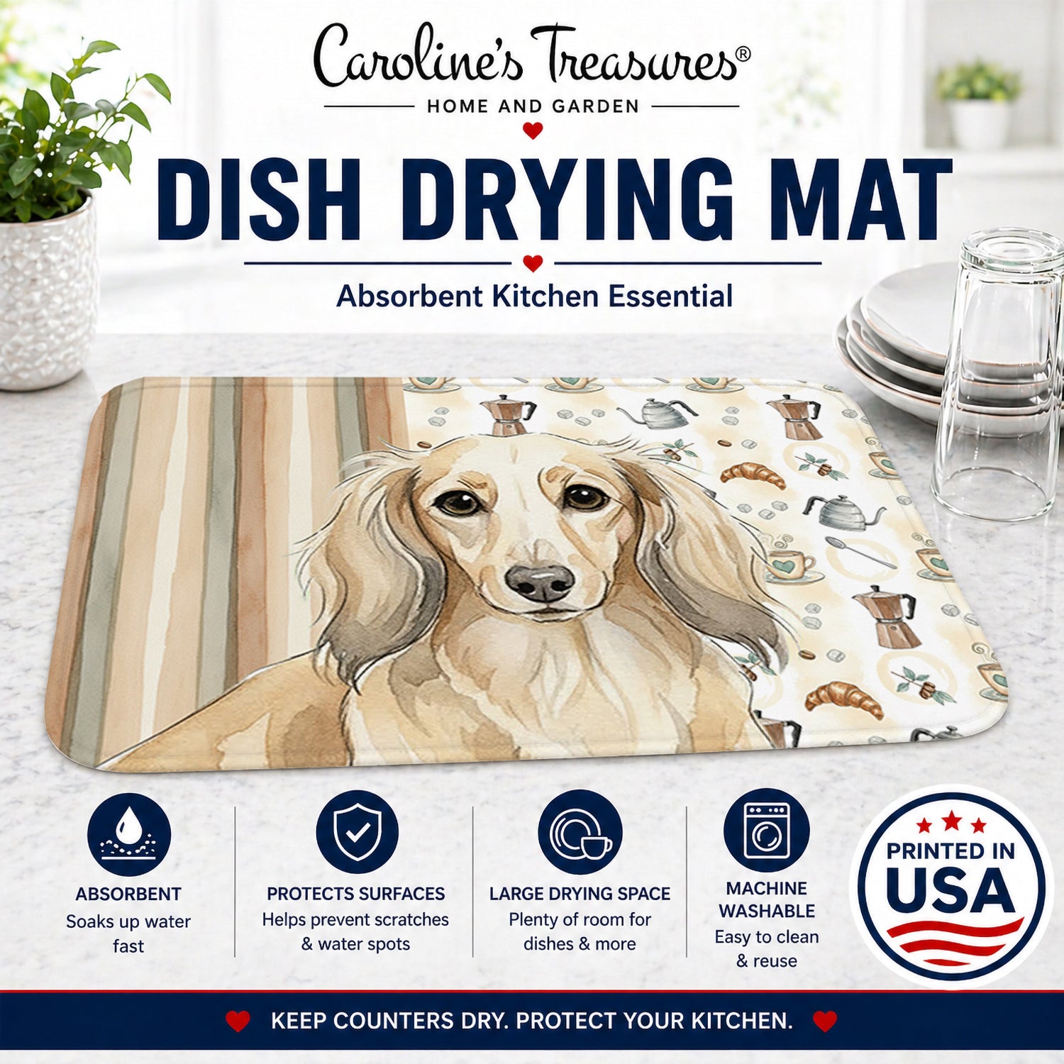 Longhaired Cream Dachshund Coffee Bar Dish Drying Mat Absorbent Dish Drying Mat Pad for Kitchen Counter Dish Drainer Mat for Countertop, 14 x 21", Multicolor