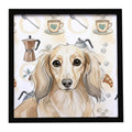 Longhaired Cream Dachshund Coffee Bar Framed Metal Print Bathroom, Kitchen, Office, Home Decor Wall Art Ready to Hang, Square, 8X8