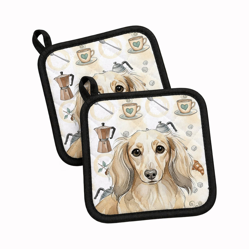 Longhaired Cream Dachshund Coffee Bar Pot Holder Set of 2 Heat Resistant Quilted Hot Pads 7.5 x 7.5 Inch, Insulated Kitchen Trivets for Cooking & Baking