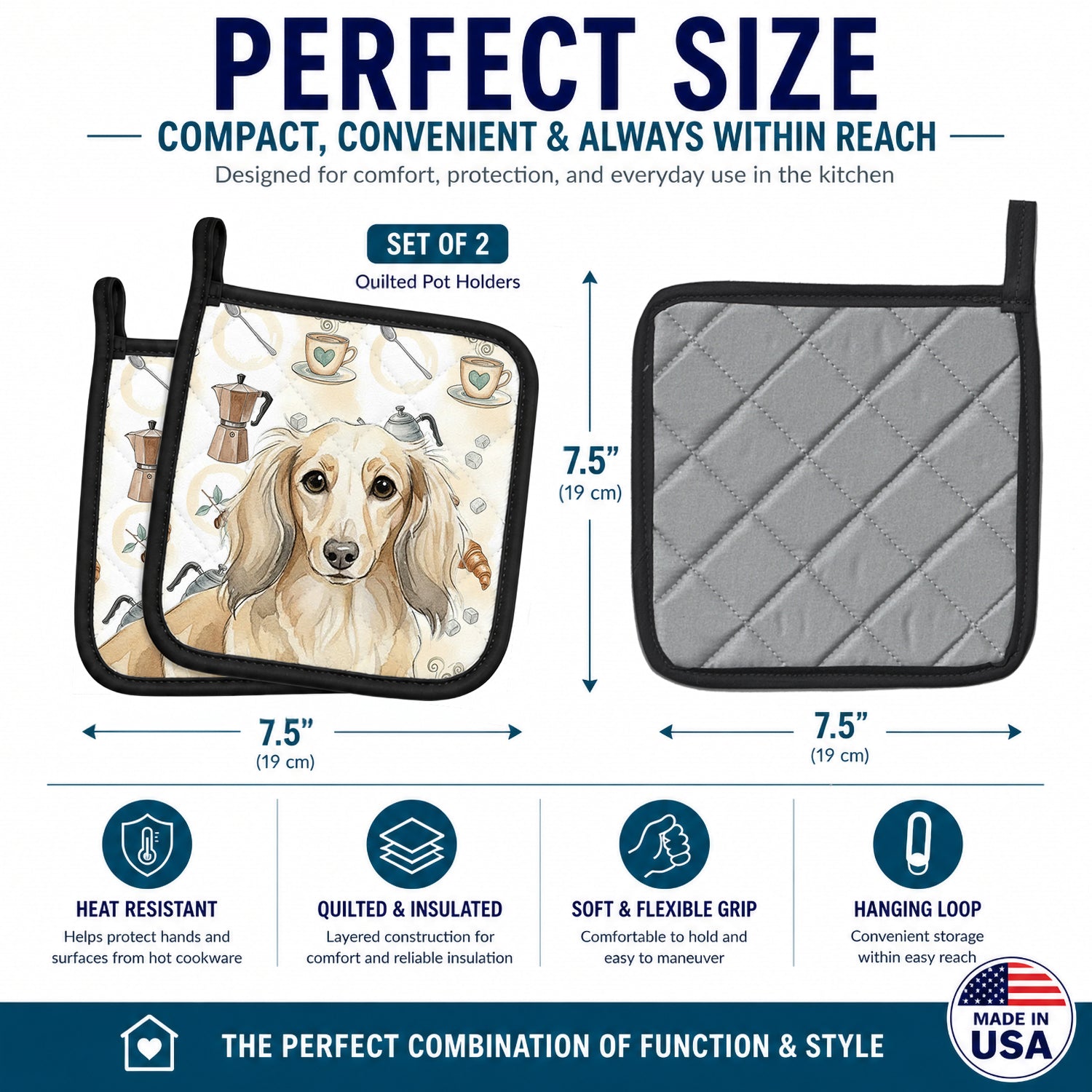 Longhaired Cream Dachshund Coffee Bar Pot Holder Set of 2 Heat Resistant Quilted Hot Pads 7.5 x 7.5 Inch, Insulated Kitchen Trivets for Cooking & Baking