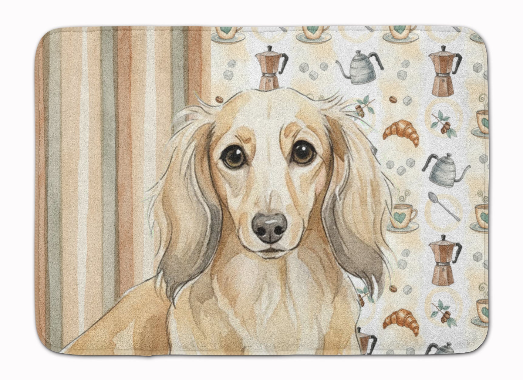 Longhaired Cream Dachshund Coffee Bar Memory Foam Kitchen Mat Machine Washable Anti-Fatigue Cushion Comfort Bath or Kitchen Rug