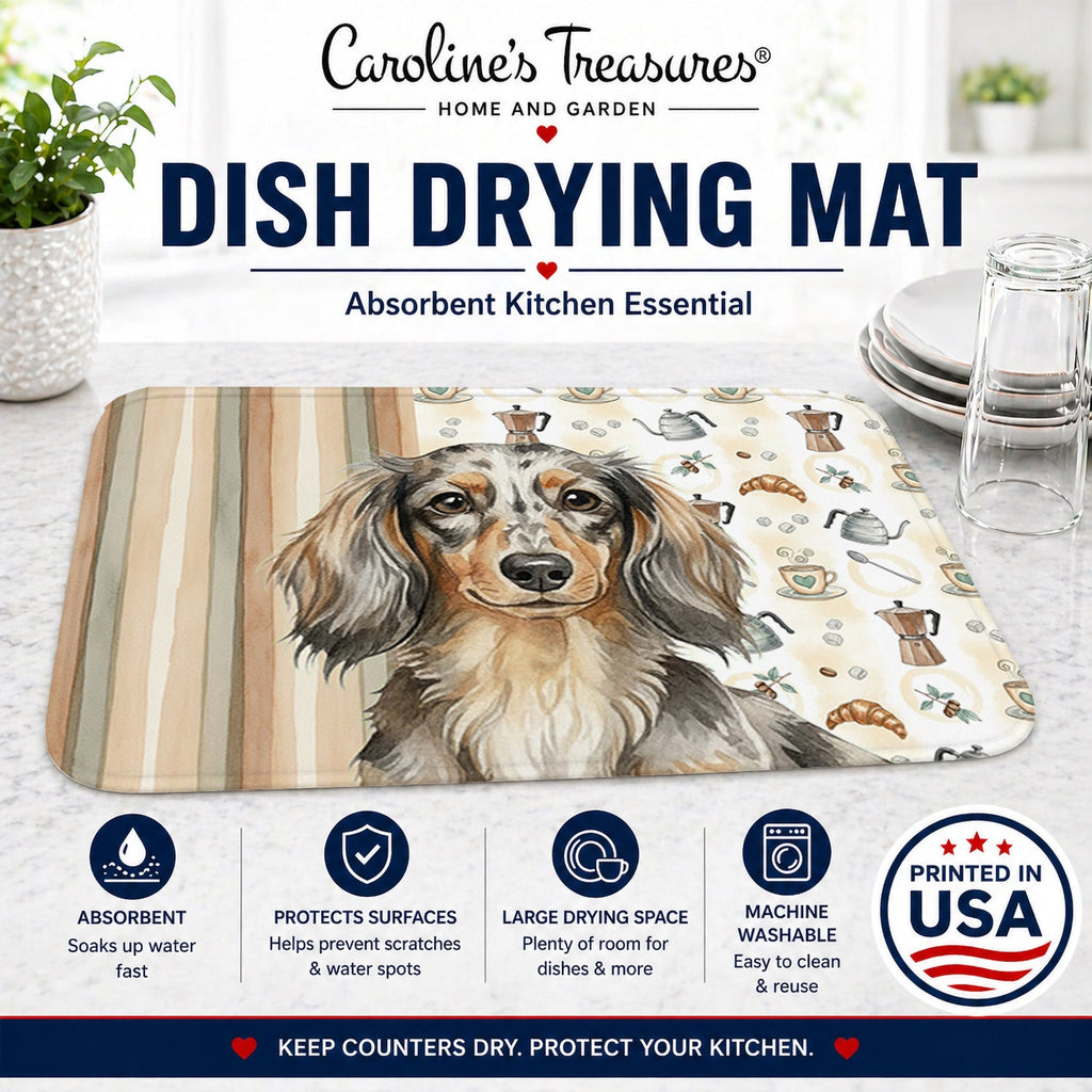 Longhaired Dapple Dachshund Coffee Bar Dish Drying Mat Absorbent Dish Drying Mat Pad for Kitchen Counter Dish Drainer Mat for Countertop, 14 x 21", Multicolor