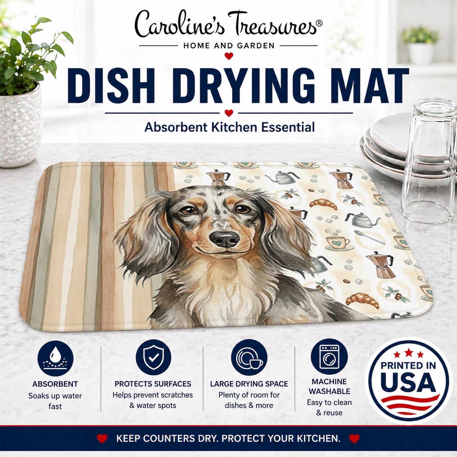 Longhaired Dapple Dachshund Coffee Bar Dish Drying Mat Absorbent Dish Drying Mat Pad for Kitchen Counter Dish Drainer Mat for Countertop, 14 x 21", Multicolor