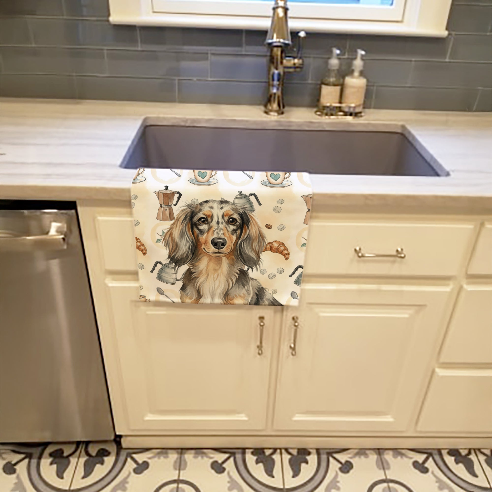 Longhaired Dapple Dachshund Coffee Bar Kitchen Towel Velour Plush Front and Cotton Loop Back Machine Washable