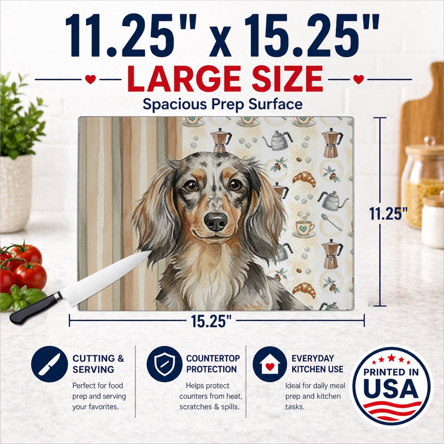 Longhaired Dapple Dachshund Coffee Bar Cutting Board Tempered Glass Kitchen Cutting Surface, Heat Resistant Chopping, Non-Slip Feet, Food Prep & Serving