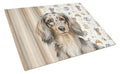Longhaired Dapple Dachshund Coffee Bar Cutting Board Tempered Glass Kitchen Cutting Surface, Heat Resistant Chopping, Non-Slip Feet, Food Prep & Serving