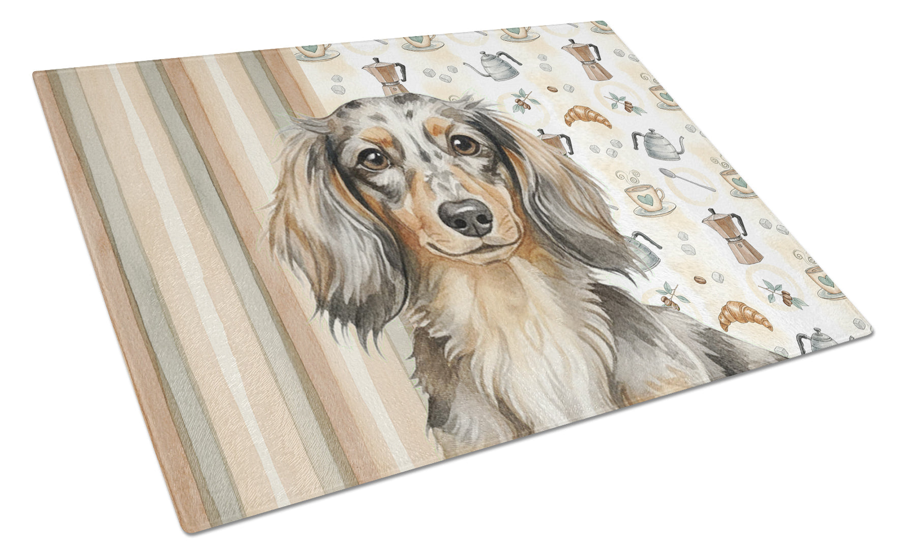 Longhaired Dapple Dachshund Coffee Bar Cutting Board Tempered Glass Kitchen Cutting Surface, Heat Resistant Chopping, Non-Slip Feet, Food Prep & Serving