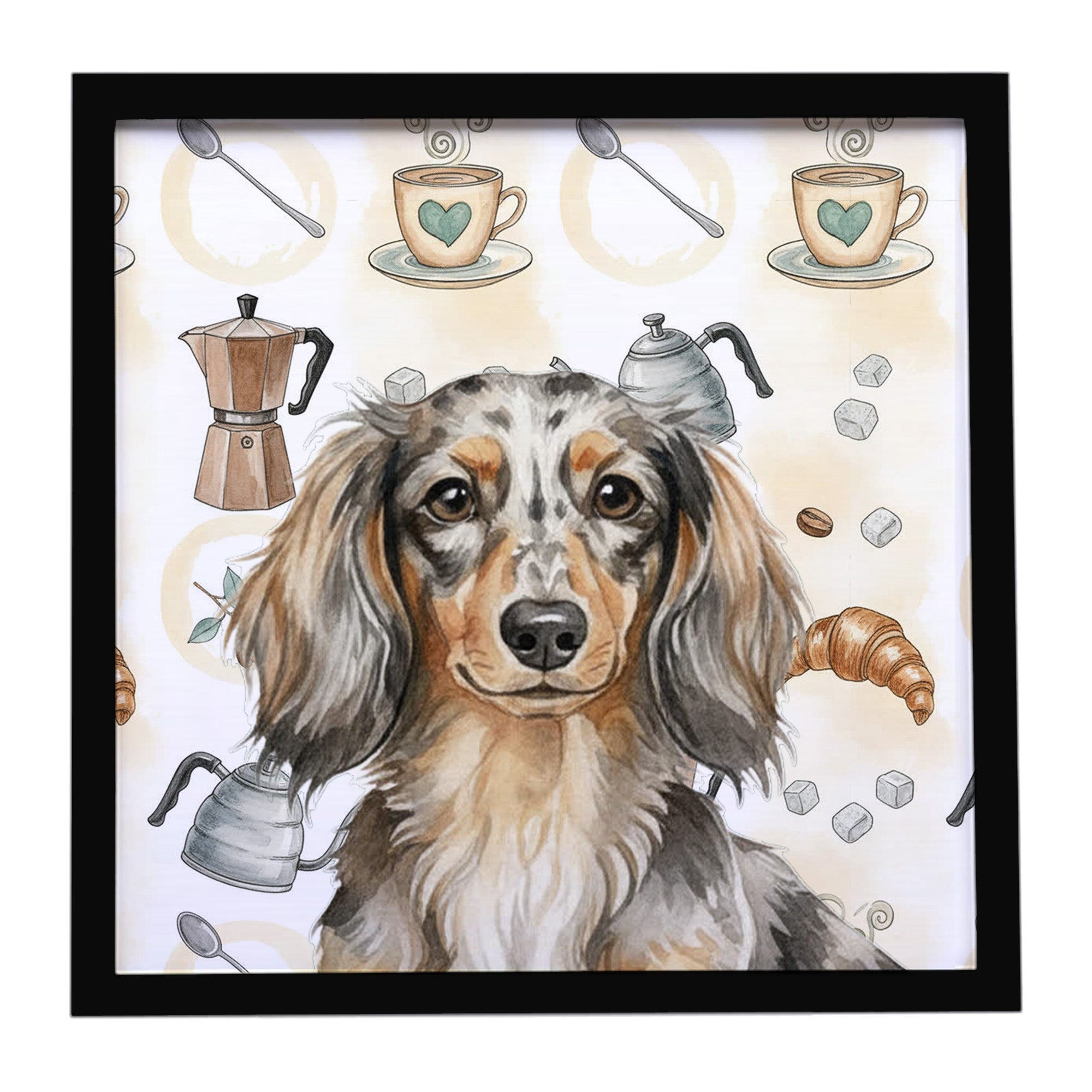 Longhaired Dapple Dachshund Coffee Bar Framed Metal Print Bathroom, Kitchen, Office, Home Decor Wall Art Ready to Hang, Square, 8X8