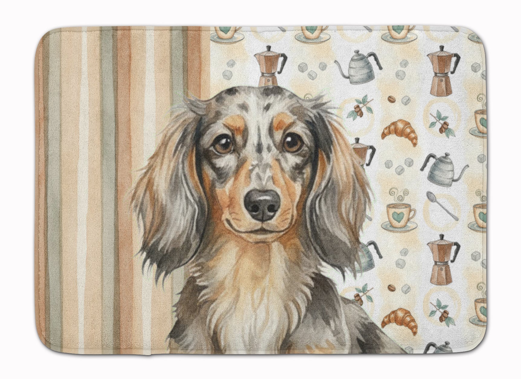 Longhaired Dapple Dachshund Coffee Bar Memory Foam Kitchen Mat Machine Washable Anti-Fatigue Cushion Comfort Bath or Kitchen Rug