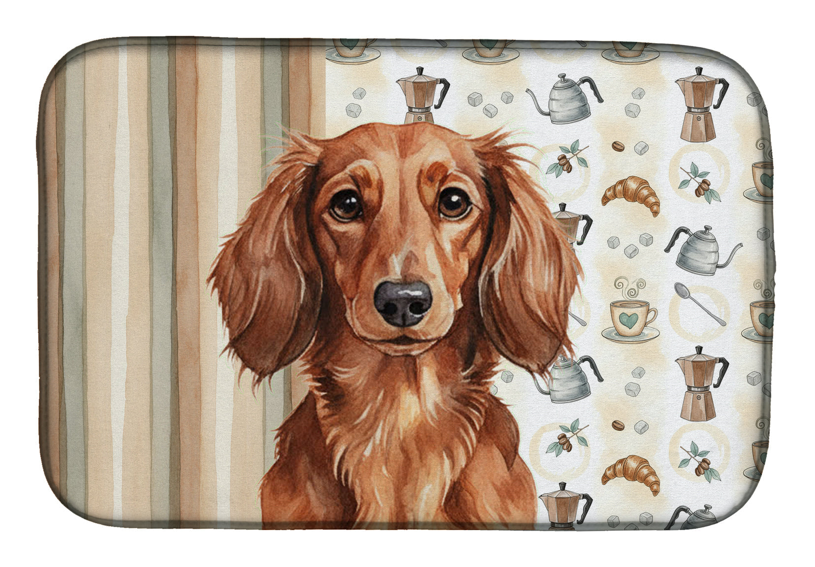 Longhaired Red Dachshund Coffee Bar Dish Drying Mat Absorbent Dish Drying Mat Pad for Kitchen Counter Dish Drainer Mat for Countertop, 14 x 21", Multicolor