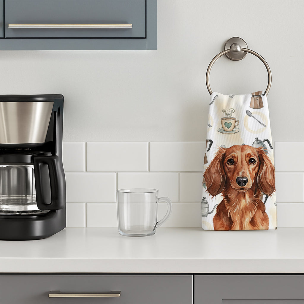 Longhaired Red Dachshund Coffee Bar Kitchen Towel Velour Plush Front and Cotton Loop Back Machine Washable