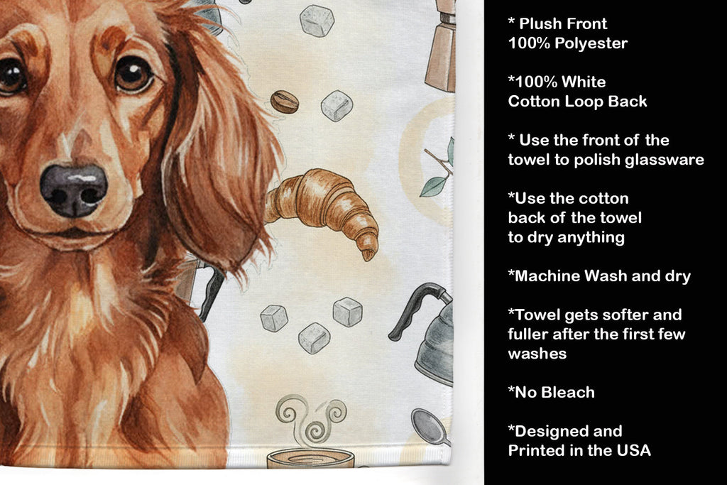 Longhaired Red Dachshund Coffee Bar Kitchen Towel Velour Plush Front and Cotton Loop Back Machine Washable