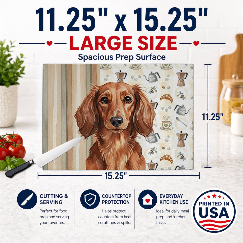 Longhaired Red Dachshund Coffee Bar Cutting Board Tempered Glass Kitchen Cutting Surface, Heat Resistant Chopping, Non-Slip Feet, Food Prep & Serving