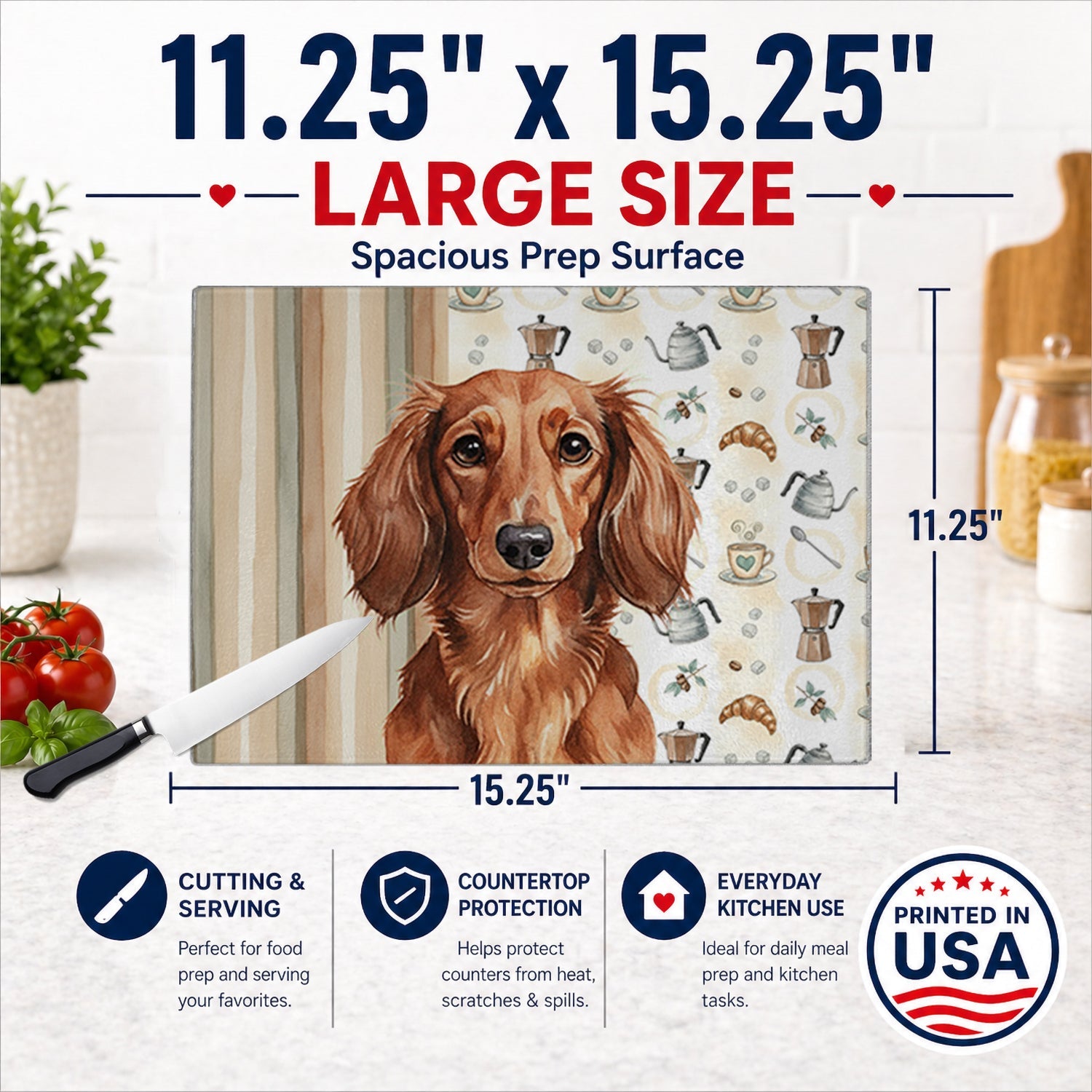 Longhaired Red Dachshund Coffee Bar Cutting Board Tempered Glass Kitchen Cutting Surface, Heat Resistant Chopping, Non-Slip Feet, Food Prep & Serving
